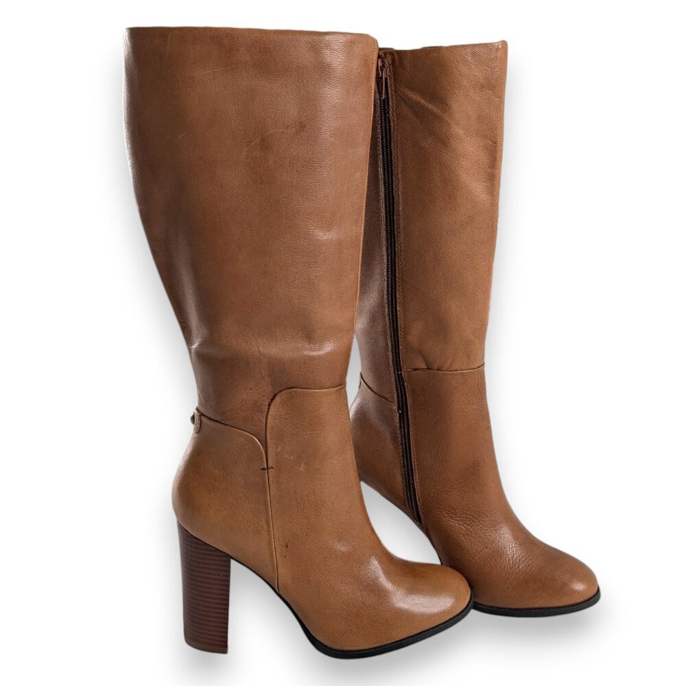 Liz & Co Tan Cognac Leather Side Zip Block Heel Tall Chunky Heel Boots